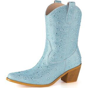 Women Sparkly Rhinestone Cowboy Boots Pointed Toe Mid Calf Block Heel sky blue